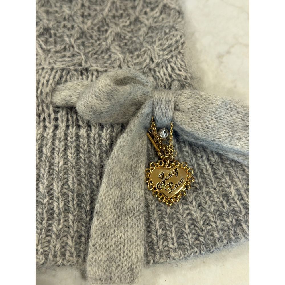 Juicy Couture Grey 100% Cashmere Knit Scarf Gold Heart Charm Bow Detail